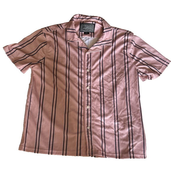 Brooklyn Cloth Mens Short Sleeve Button Up Collared Shirt Pink Blue Stripe Lg - Picture 1 of 5
